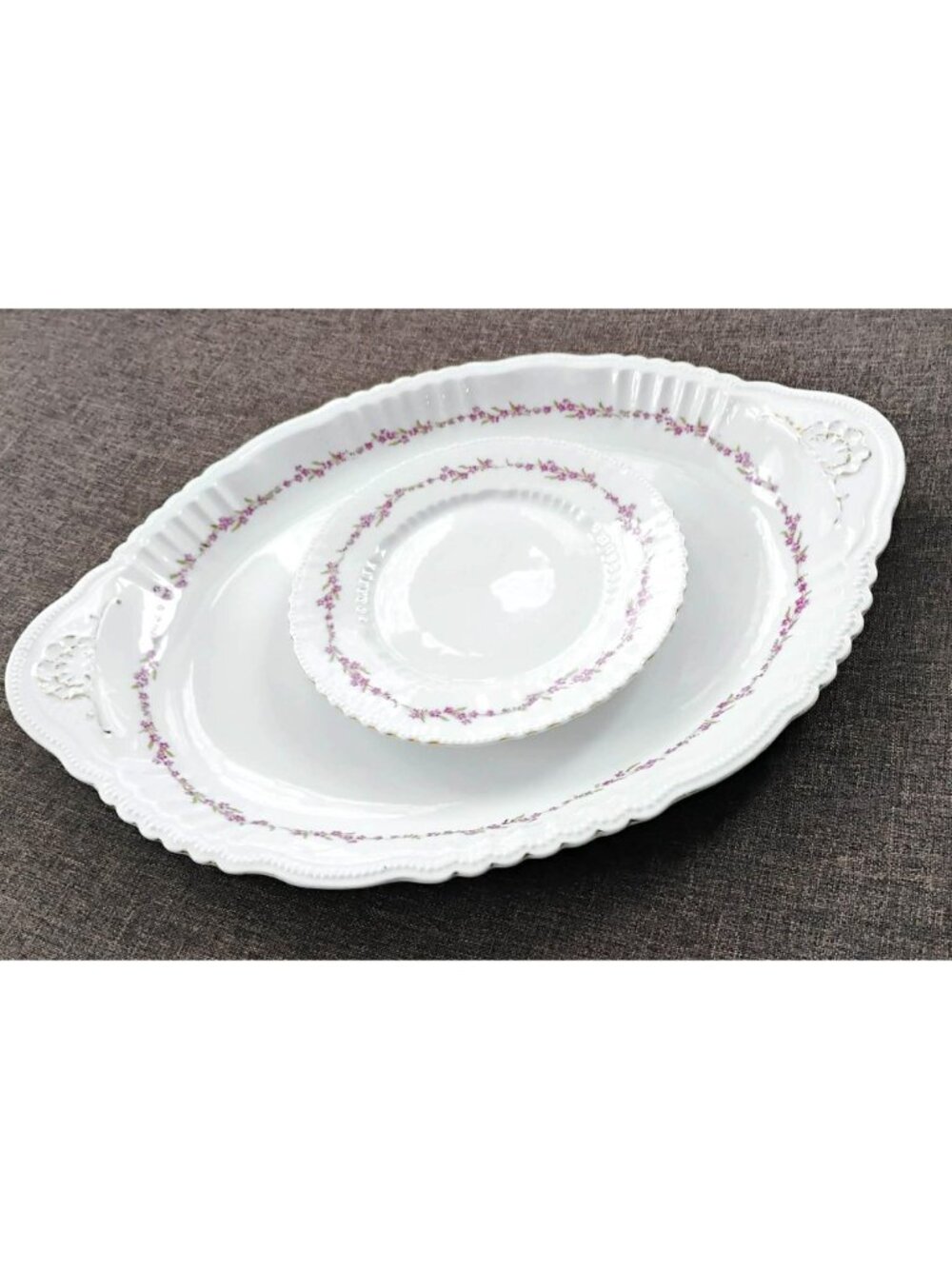Antique Victoria Austria Porcelain Platter & Matching Plate Set - Purple Violet